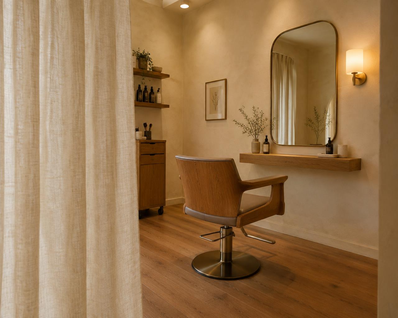espace de coiffure isolé par un rideau de lin